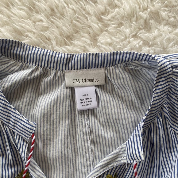 CW Classics Short Sleeve Striped Peplum Top Embroidered 100% Cotton Size Large - Picture 4 of 8